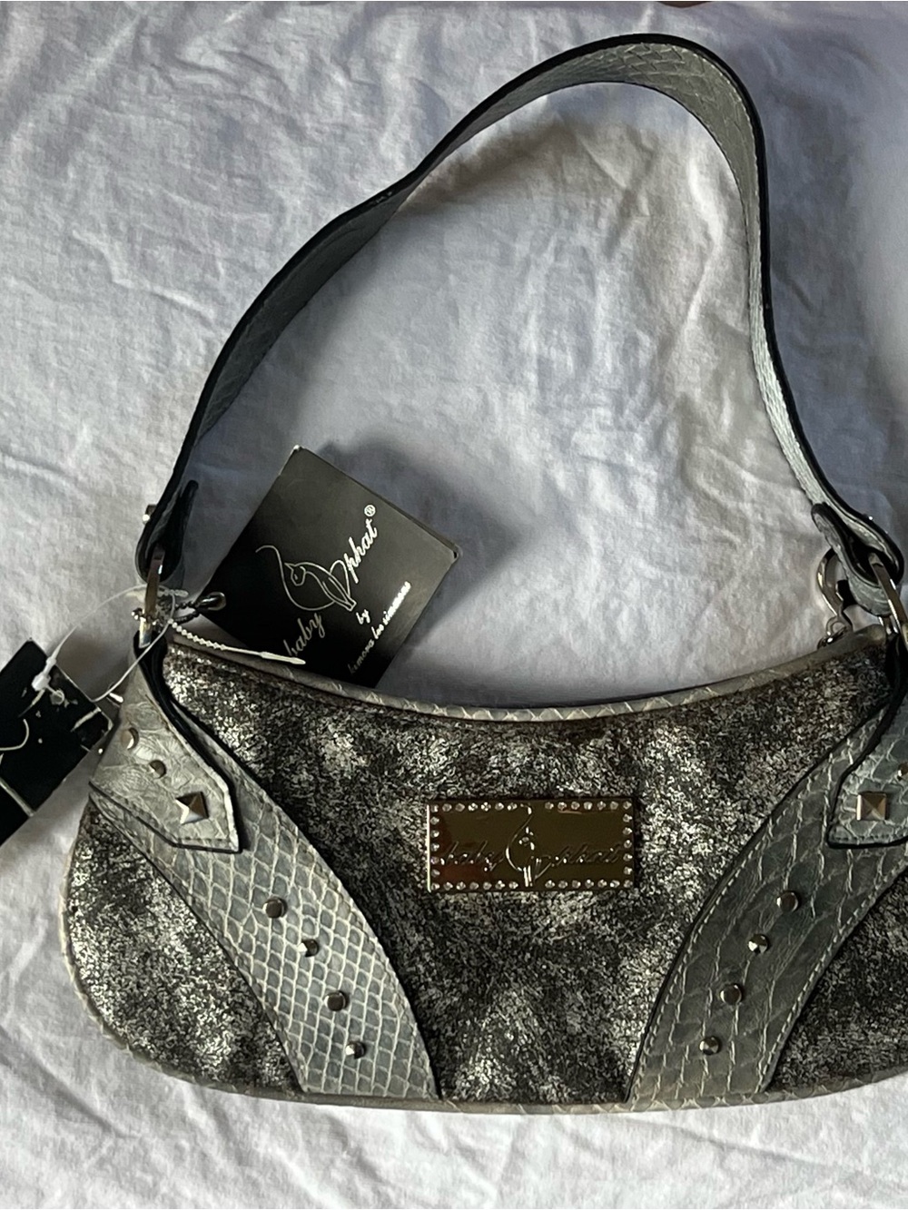 Baby Phat Silver Metallic Textured Shoulder Bag with Stud Accents
